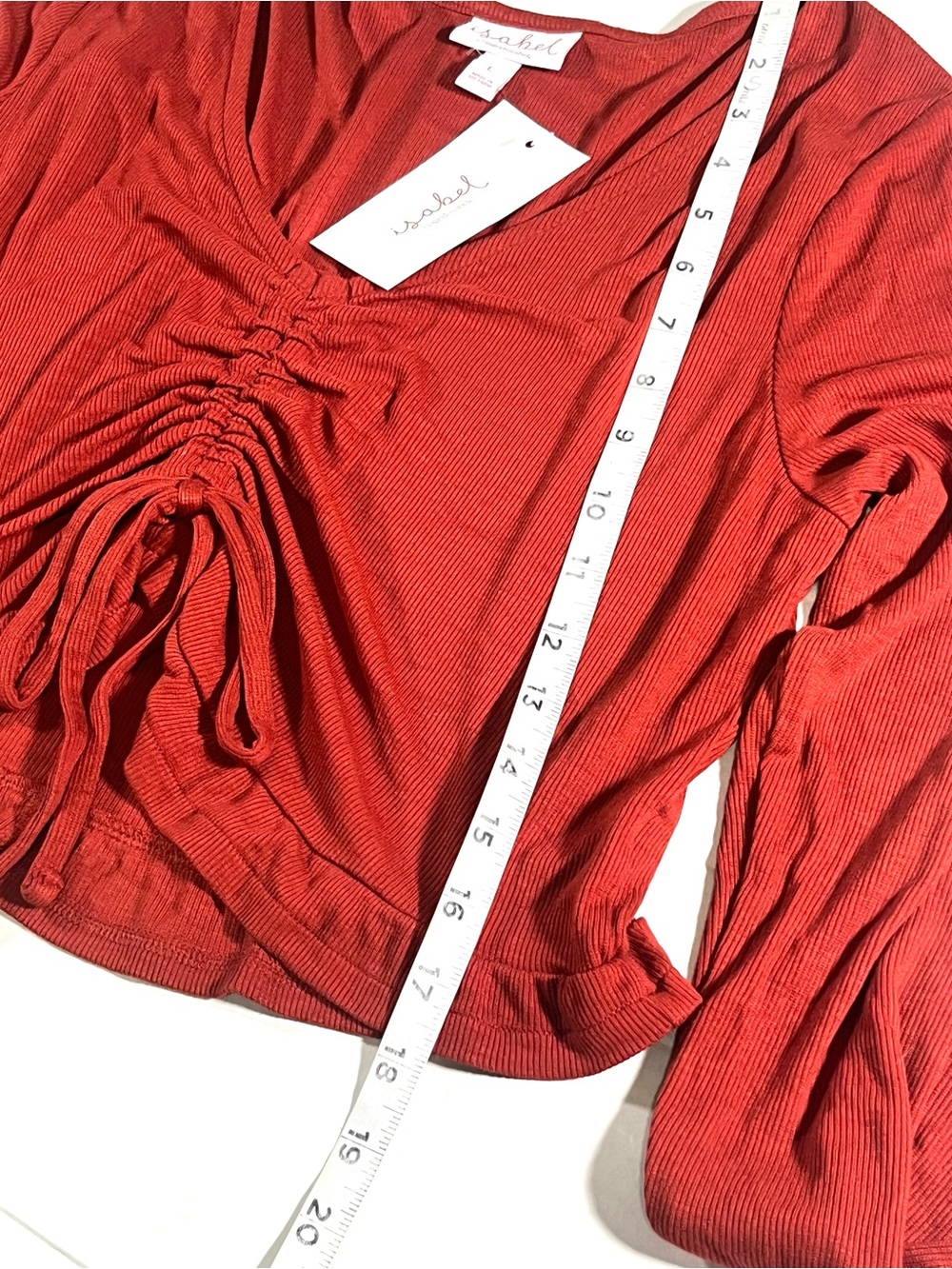 Drawstring Ruched V-Neck Long Sleeve Crop Top - Rust - Picture 7 of 8